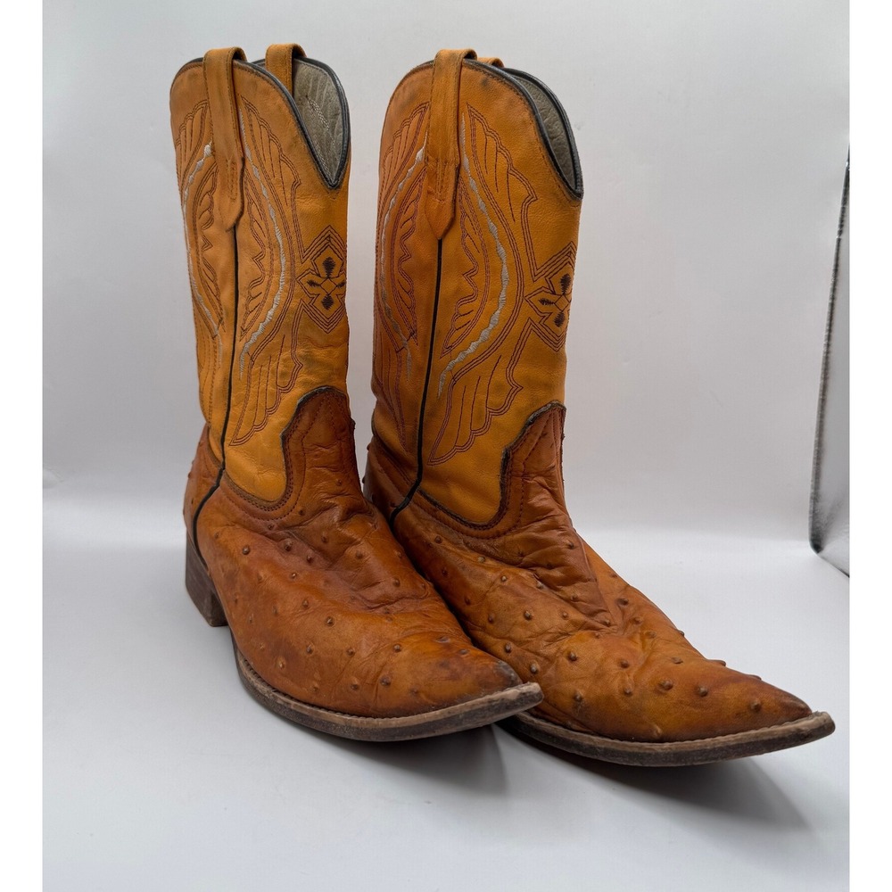Caballo Dorado Ostrich Leather Western Boots Mens Cognac Yellow Pointed Toe 4.5